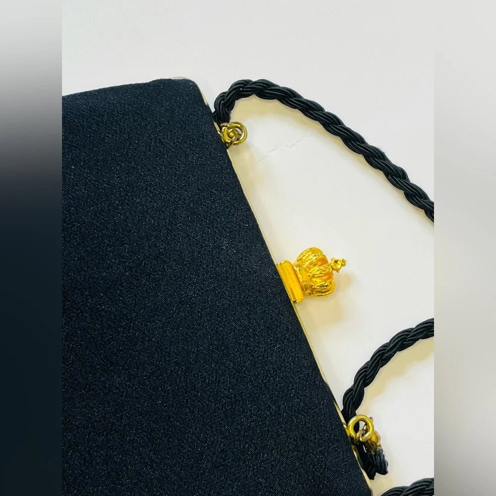 Black canvas purse with gold crown detail 80s 90s evening bag
